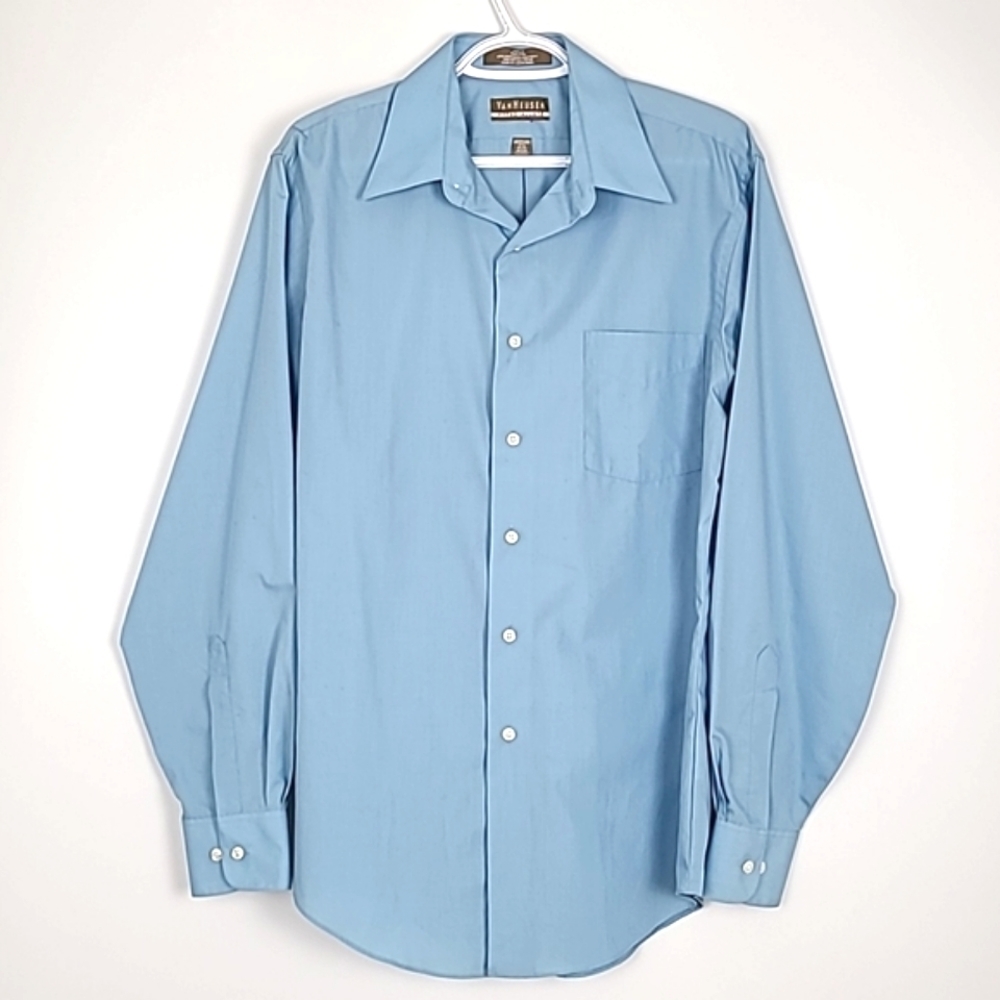 Van Heusen Fitted Wrinkle-Free Long Sleeve Blue Cotton Blend Medium 15 1/2 34/35